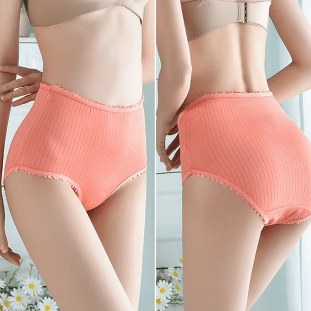 Vue de face et de dos de la culotte côtelée orange à taille haute portée par un modèle. 3