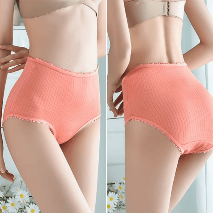 Vue de face et de dos de la culotte côtelée orange à taille haute portée par un modèle. 3
