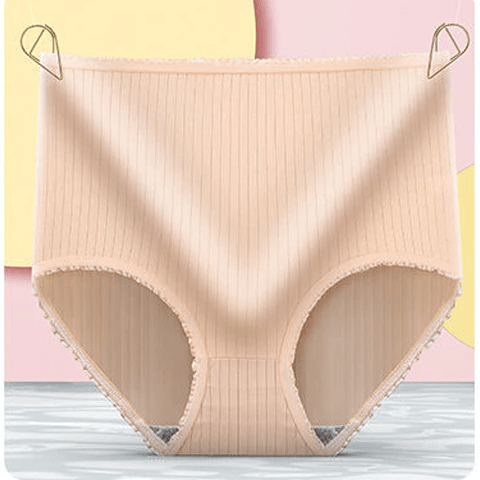 Culotte côtelée beige à taille haute présentée à plat sur un fond rose et jaune. 9