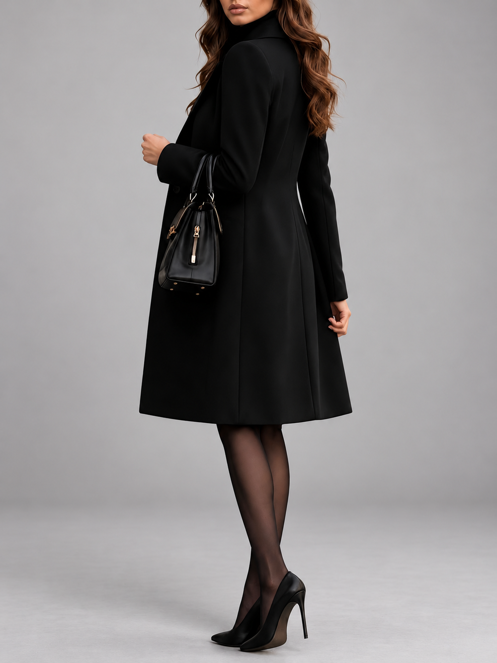 Manteau noir vu de trois quarts dos, modèle tournée avec un sac à main noir 2