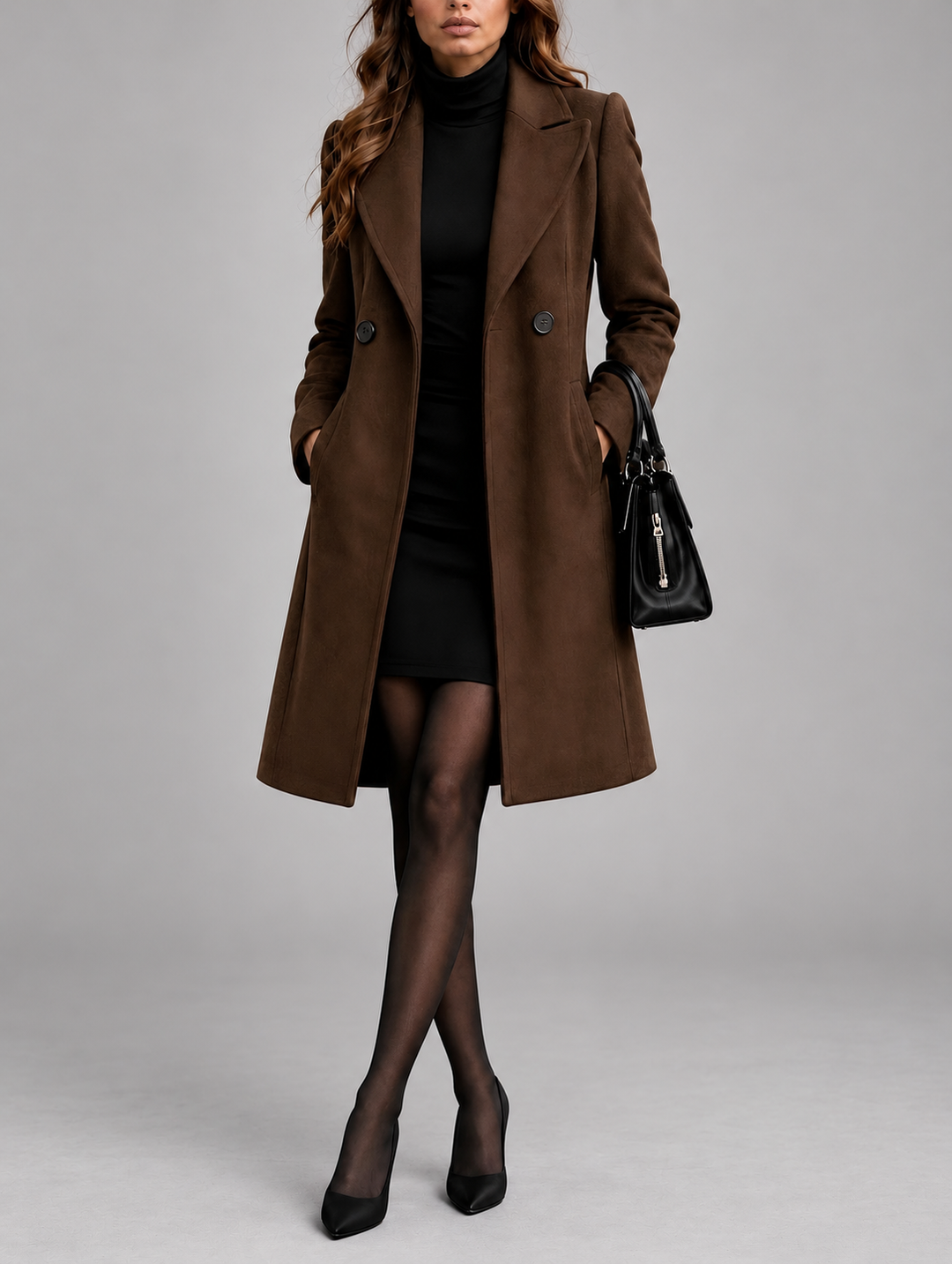 Manteau marron en pied, mains dans les poches, porté avec collants et escarpins noirs 8
