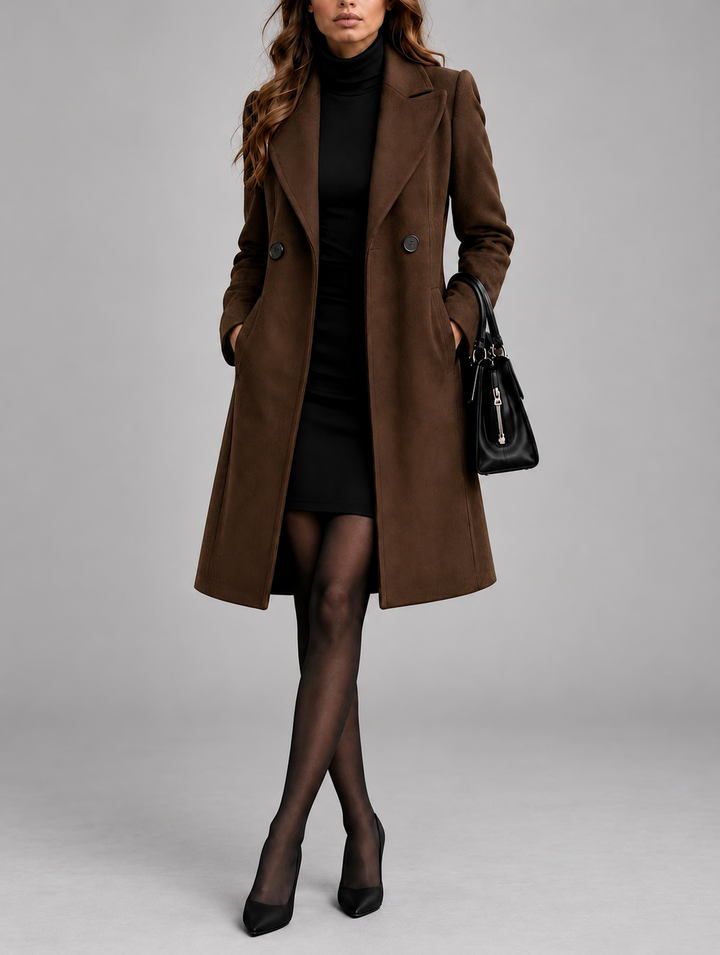 Manteau marron en pied, mains dans les poches, porté avec collants et escarpins noirs 8