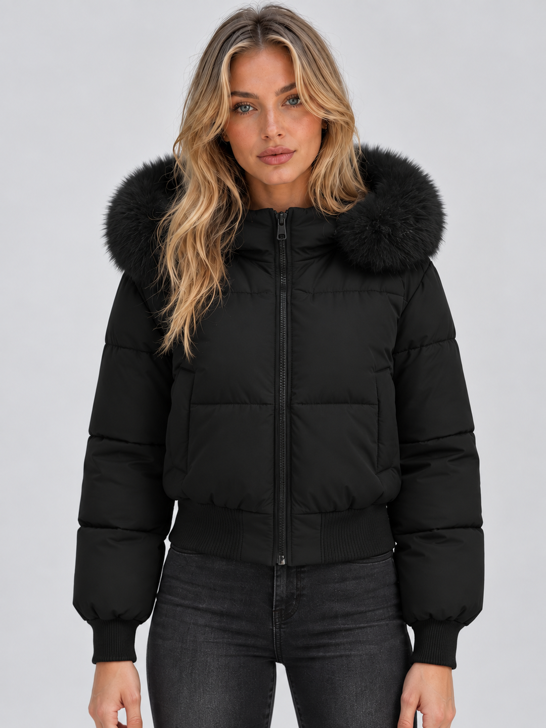 Vue de face de la veste noire zippée, portée avec un jean noir par une femme blonde 1