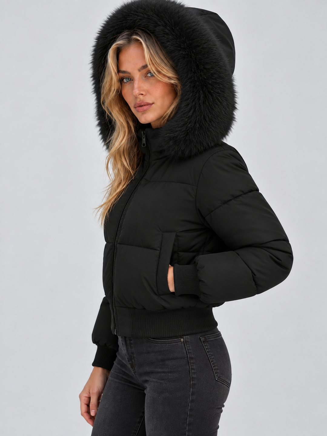 Veste noire vue de profil, capuche relevée, une main glissée dans la poche 3
