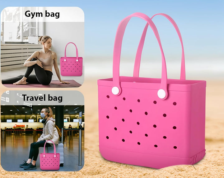 Cabas rose vif sur le sable, avec deux vignettes montrant son usage comme sac de sport et sac de voyage. 10