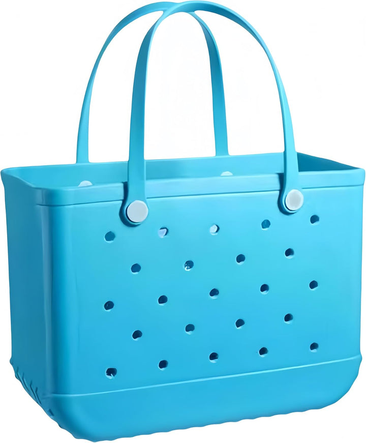 Cabas bleu turquoise ajouré en gros plan de face, avec anses hautes et boutons clairs, sur fond blanc. 18