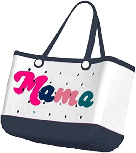 Sac cabas blanc à base et anses bleu marine, orné d'un grand lettrage coloré rose, bleu et vert sur la face avant. 22