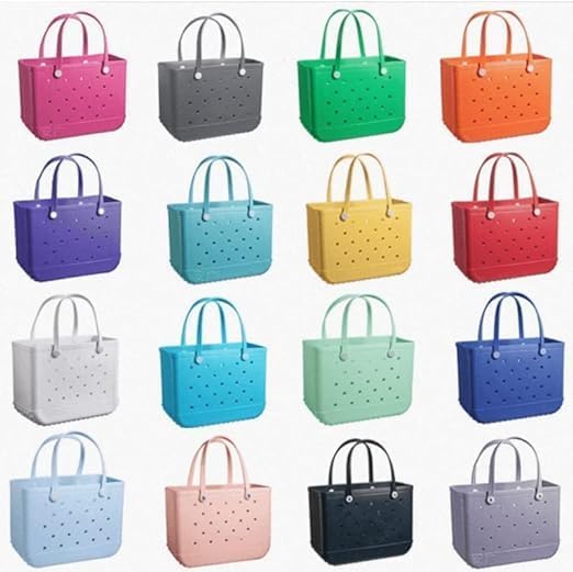 Planche de seize sacs cabas en EVA de coloris variés, présentés de face sur fond blanc, quatre par rangée. 27