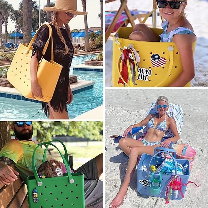 Montage de quatre photos : cabas jaune porté à la piscine, cabas jaune décoré, cabas vert et cabas bleu rempli sur la plage. 6
