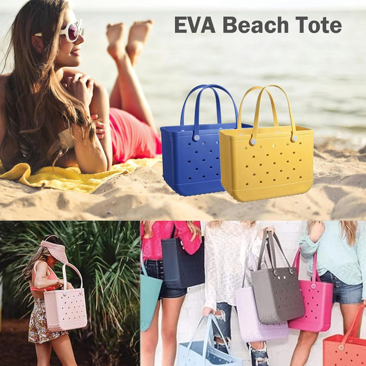 Montage : femme allongée sur la plage, cabas bleu foncé et jaune, femme portant un cabas rose et groupe de cabas colorés. 9