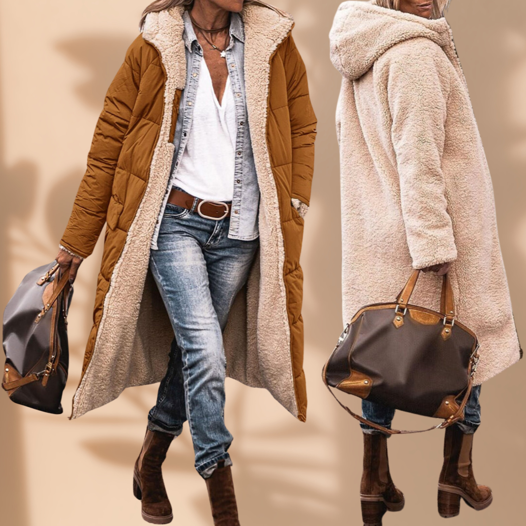 Longue veste matelassée marron caramel vue de face, et côté doublure en peluche beige à capuche vue de dos. 3