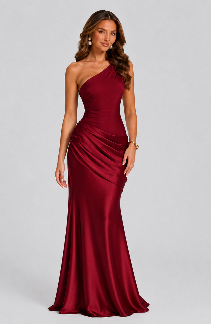 Robe rouge bordeaux portée de face, avec boucles d'oreilles perles et bracelet doré, drapé asymétrique et jupe sirène. 9