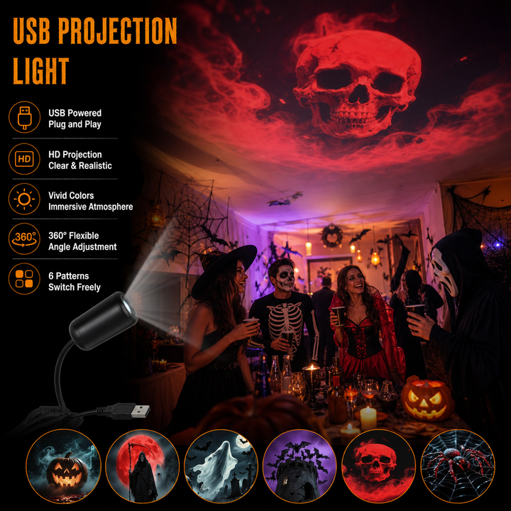 Projecteur noir sur col de cygne branché en USB, projetant un crâne rouge au plafond d'une fête costumée, six motifs en bas. 1