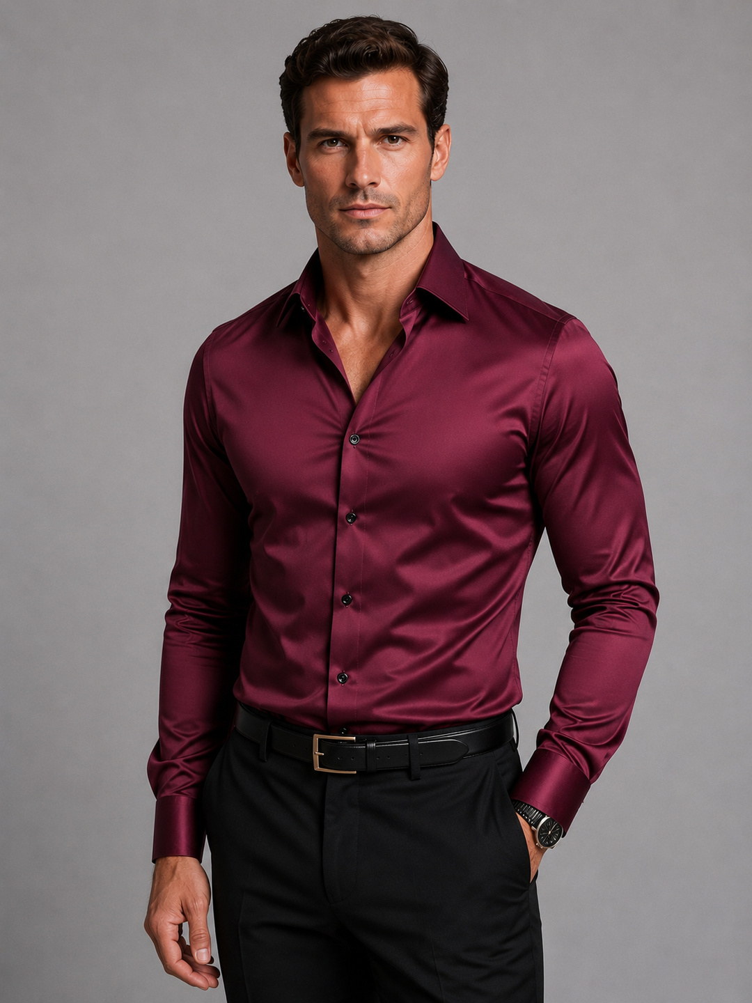 Version bordeaux satinée de la chemise portée avec un pantalon noir, une ceinture à boucle dorée et une montre. 4
