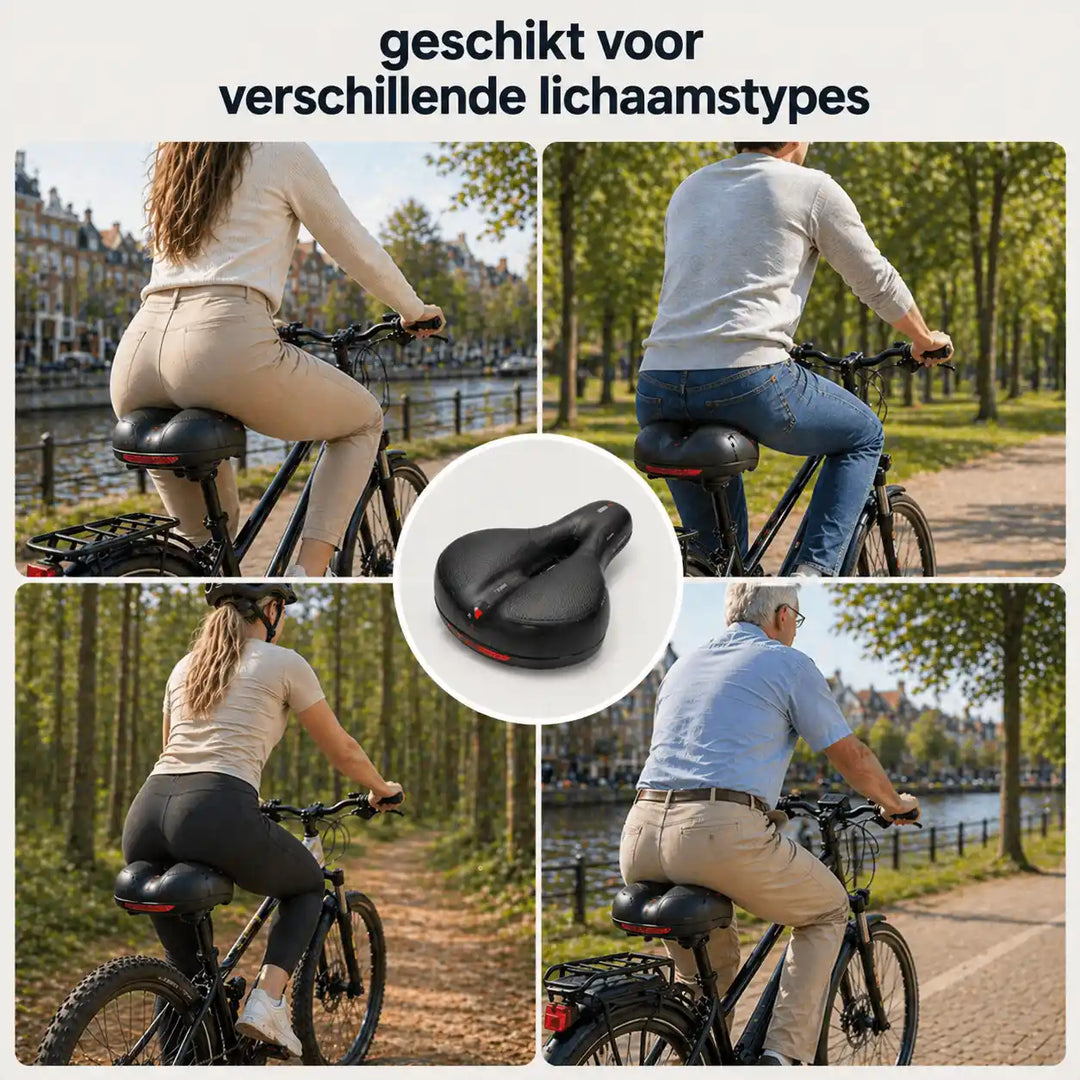 Collage de quatre cyclistes de morphologies différentes sur des vélos équipés de la selle, avec la selle seule au centre. 11