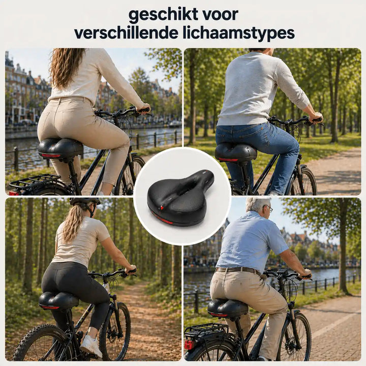 Collage de quatre cyclistes de morphologies différentes sur des vélos équipés de la selle, avec la selle seule au centre. 11