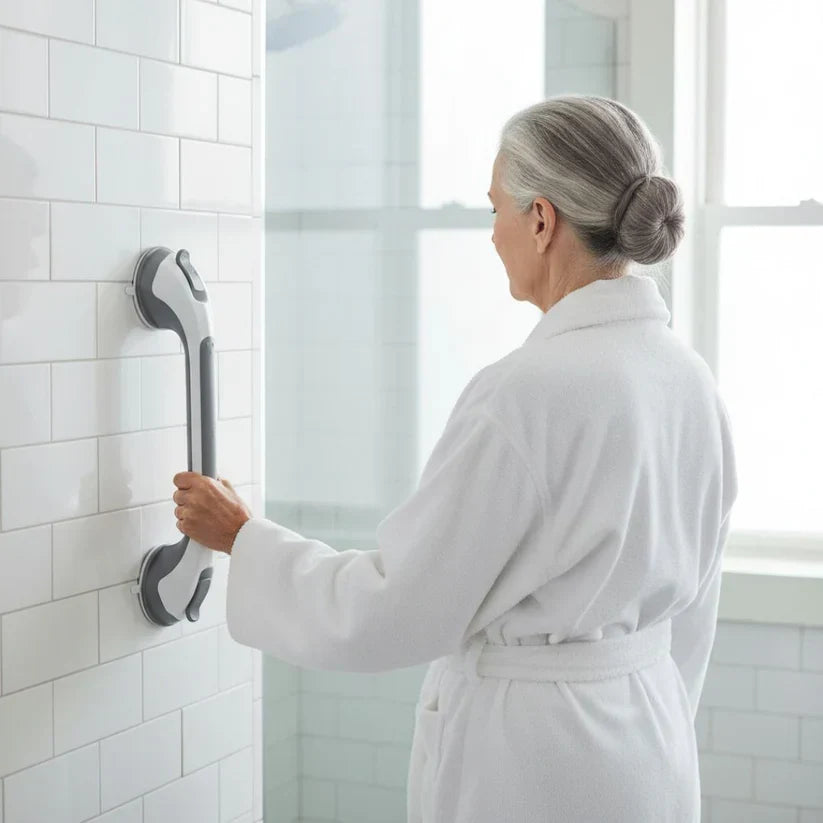 Femme âgée en peignoir blanc, de dos, tenant la barre posée à la verticale sur le carrelage de la douche. 3