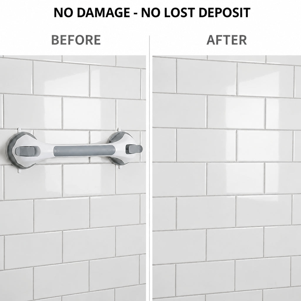 Comparaison avant et après : la barre sur un mur de carrelage blanc, puis le même mur intact une fois la barre retirée. 9