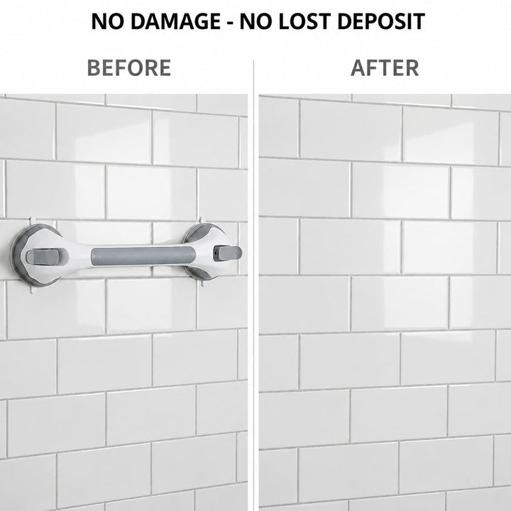Comparaison avant et après : la barre sur un mur de carrelage blanc, puis le même mur intact une fois la barre retirée. 9