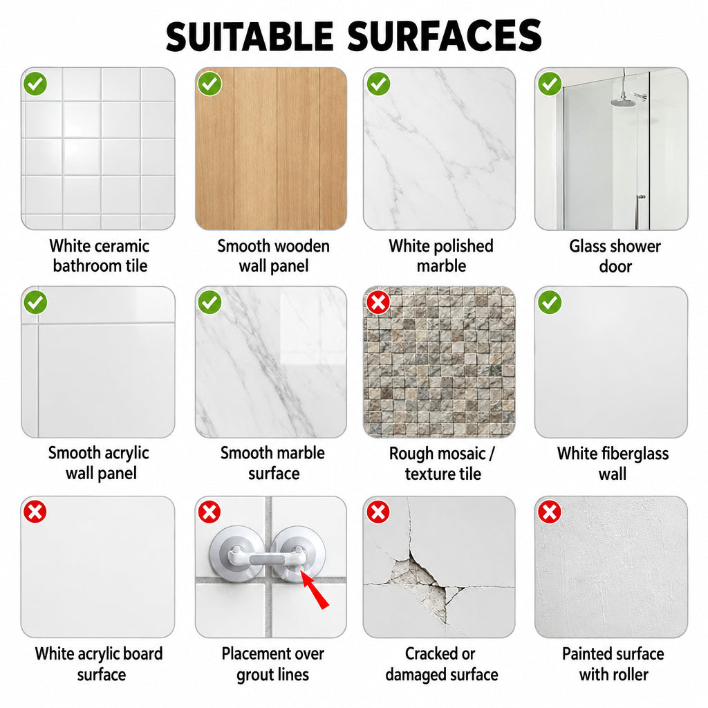 Tableau de douze surfaces : carrelage lisse, bois, marbre, verre et fibre de verre convenables ; mosaïque rugueuse, joints, fissures et peinture déconseillés. 12