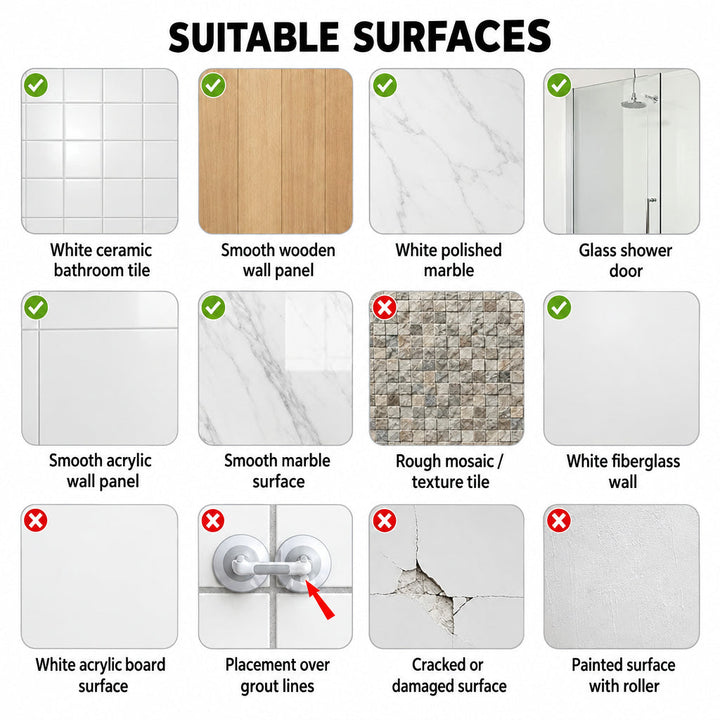 Tableau de douze surfaces : carrelage lisse, bois, marbre, verre et fibre de verre convenables ; mosaïque rugueuse, joints, fissures et peinture déconseillés. 12