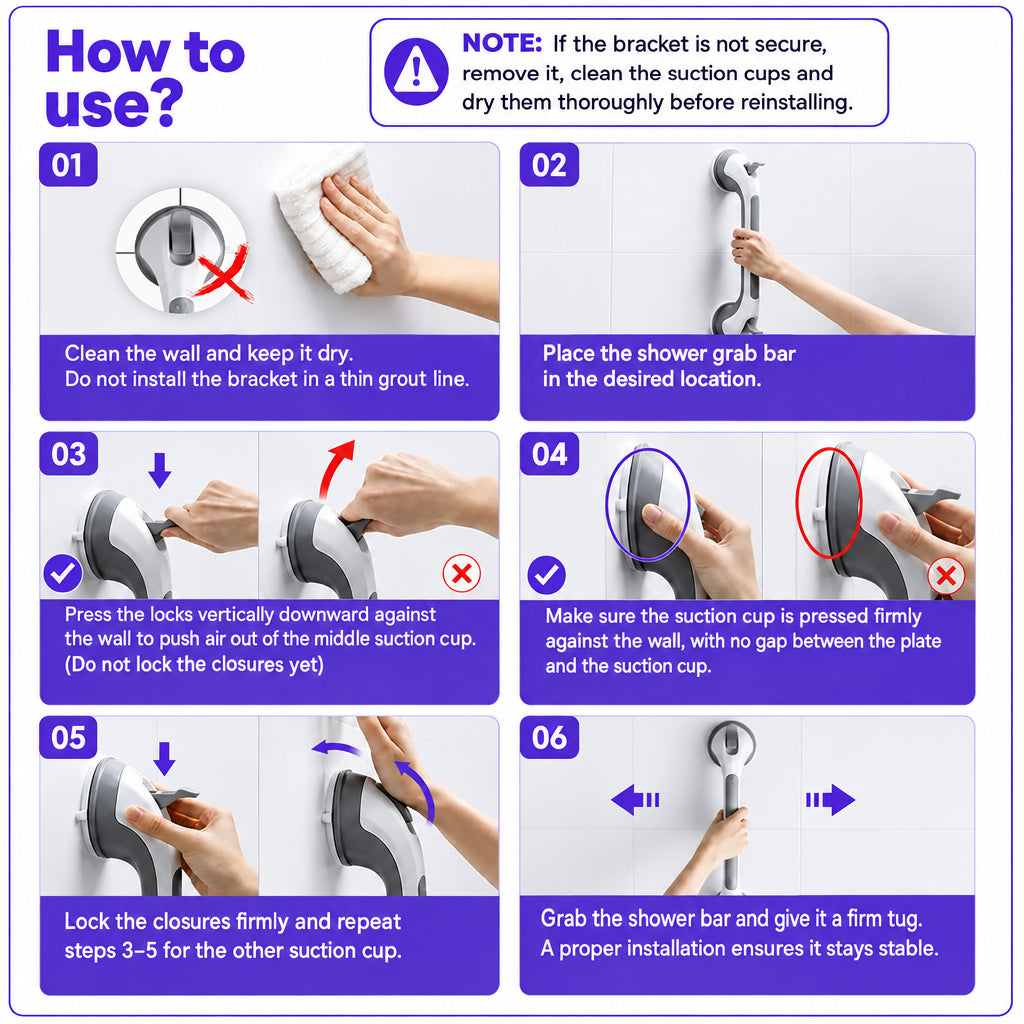 Guide d'utilisation en six étapes : nettoyer le mur, placer la barre, pousser l'air des ventouses, verrouiller les leviers, tester la fixation. 17
