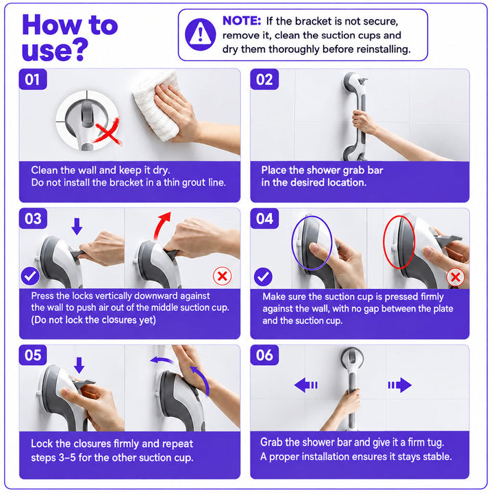 Guide d'utilisation en six étapes : nettoyer le mur, placer la barre, pousser l'air des ventouses, verrouiller les leviers, tester la fixation. 17