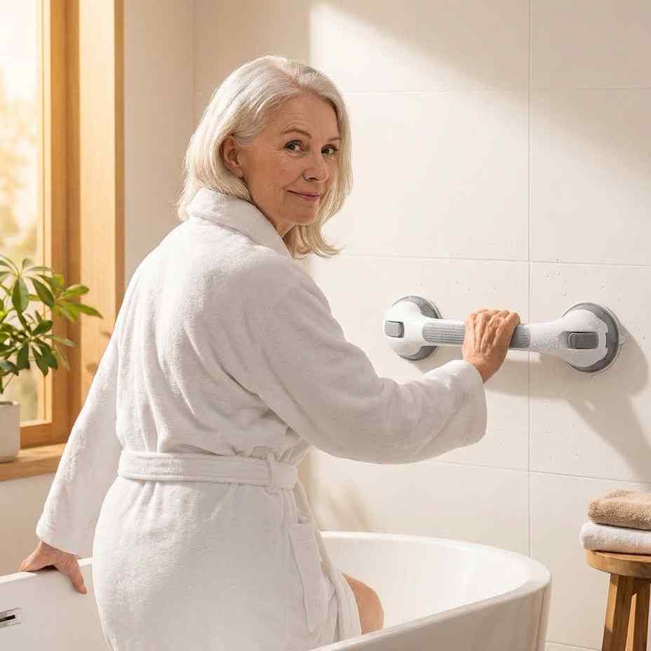Femme aux cheveux gris en peignoir blanc, assise au bord d'une baignoire, s'appuyant sur la barre fixée au mur carrelé. 1