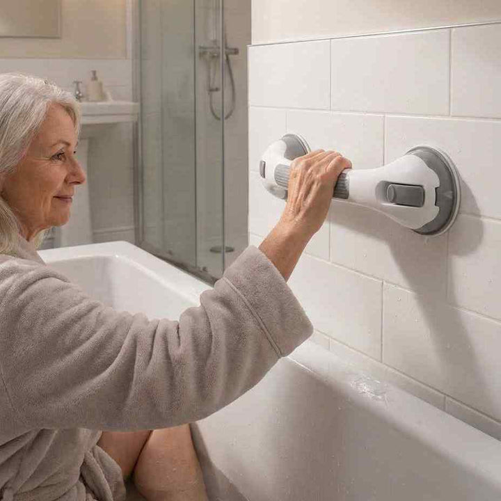 Femme aux cheveux gris en peignoir beige, assise dans une baignoire, s'agrippant à la barre fixée sur le carrelage blanc. 8