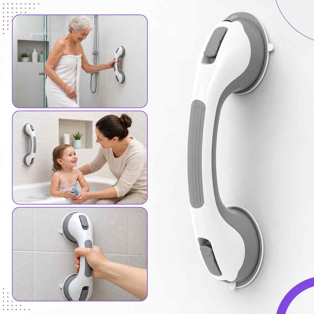 Montage de trois scènes d'usage (douche, bain d'un enfant, prise en main) à côté de la barre blanche et grise vue de côté. 5