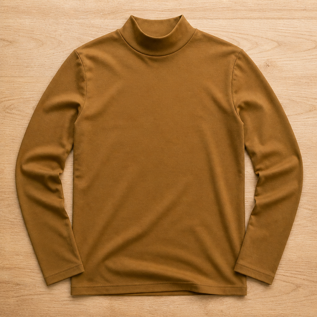 Tee de couleur caramel à manches longues et col montant, posé à plat sur un parquet en bois clair. 9